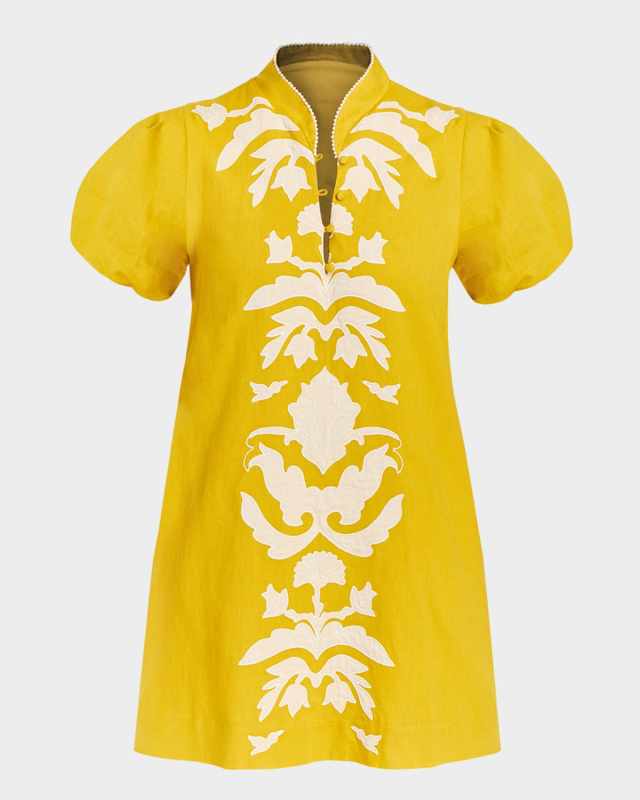 Elliana Puff-Sleeve Floral Applique Mini Dress